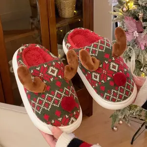 Fuzzy Christmas Reindeer Slippers Women Men Warm House Slides for Indoor Outdoor Autumn Winter Walking Shoes