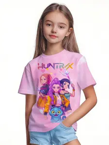 Girls' Short Sleeve Top, Huntrx Girl Element, Gradient Magic Cat Print, Summer Fashion Versatile Shirt, Comfortable Soft Fabric, Graphic Anime Tee