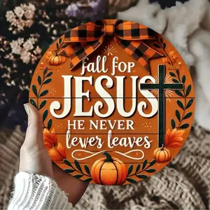 EEY Autumn Metal Wall Art Sign Featuring Leaves and Pumpkin Design Ideal for Home Churches and Cafes Perfect for Fall Decor Plaque Gift