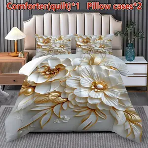3-Piece Floral Pattern Bedding Set, Soft and Comfortable, Ideal for Bedroom, Room, Dorm, All-Season Home Decor, Includes 1 Quilt + 2 Pillowcases