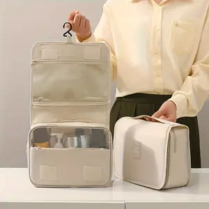 Hanging Travel Makeup Bag, Waterproof Cosmetic Organizer with Built-in Hook – Compact Portable Toiletry Case for Bathroom, Gym & Daily Use, Polyester, 9.4" x 7.1" x 3.5"