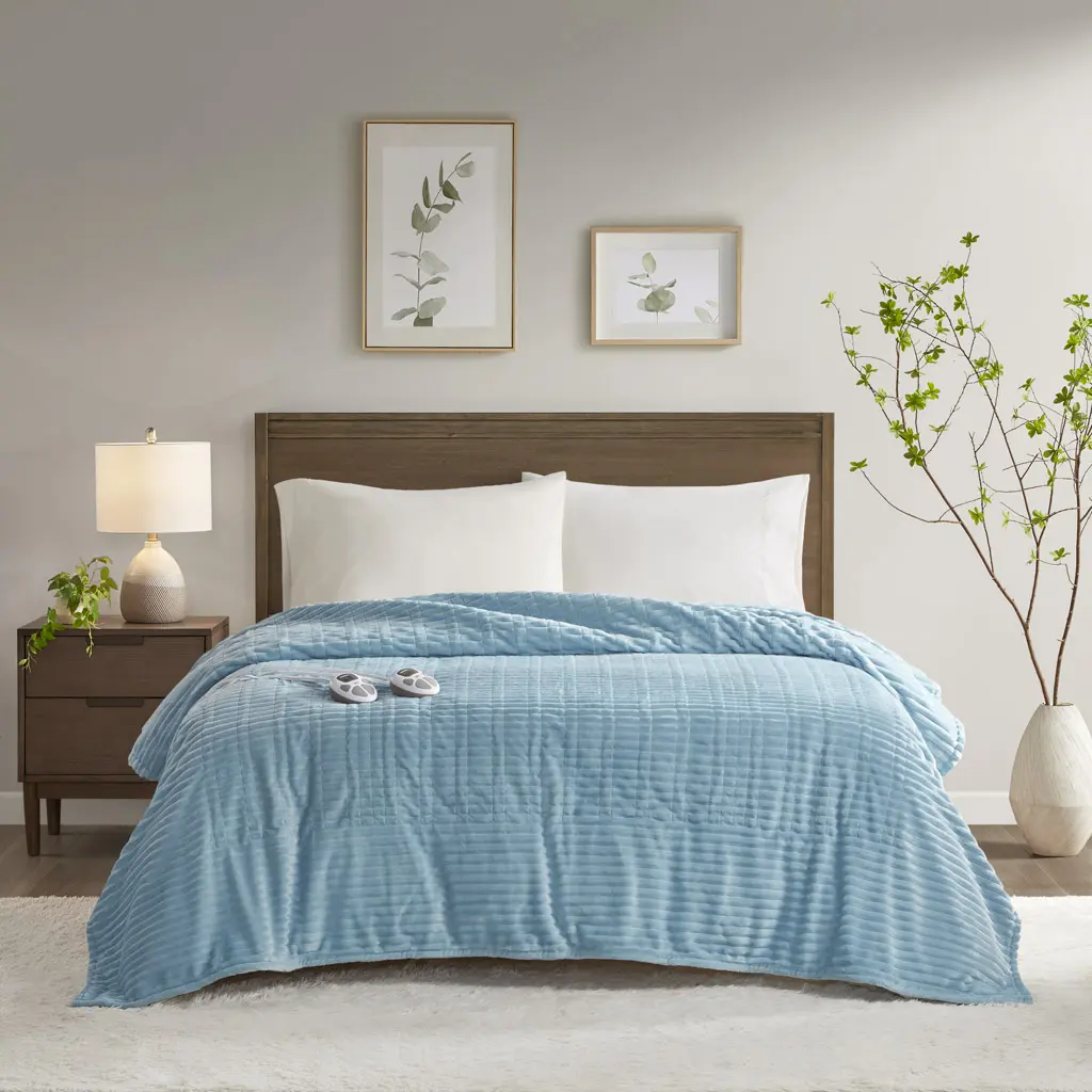 Serta Corded Plush Ribbed Heated Blanket with 360 Stand, Twin Size ST54-0290 (62x84x0.25 in), Blue, Cozy Gentle Soft Fluffy Home Appliance Electric Blanket, Cozy Blanket, Gentle Soft Blanket