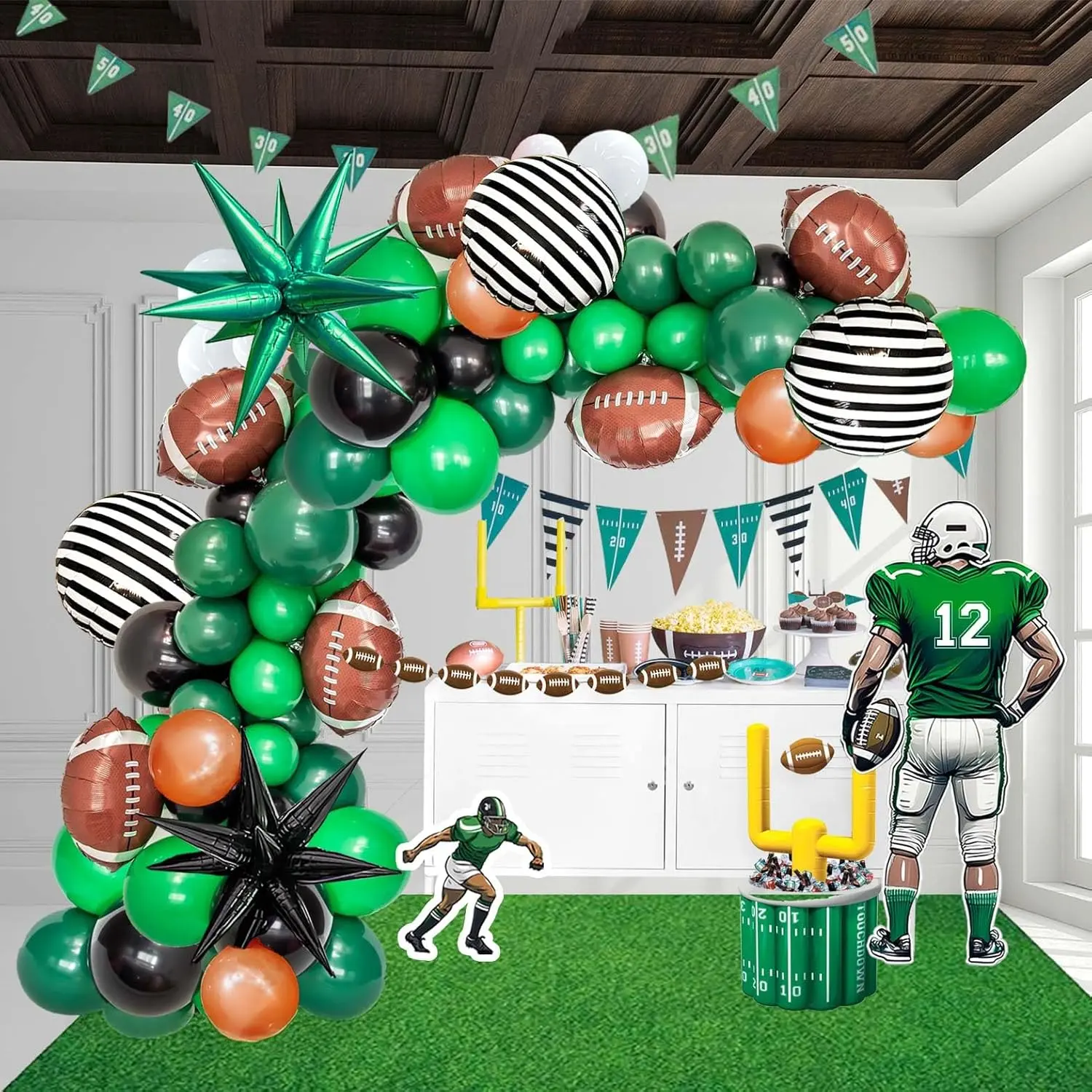 Football Balloon Garland Arch Kit Dark Green Brown Black Balloon Large Mylar Starburst For Sport Theme Super Bowl Touch Down Birthday Decorations