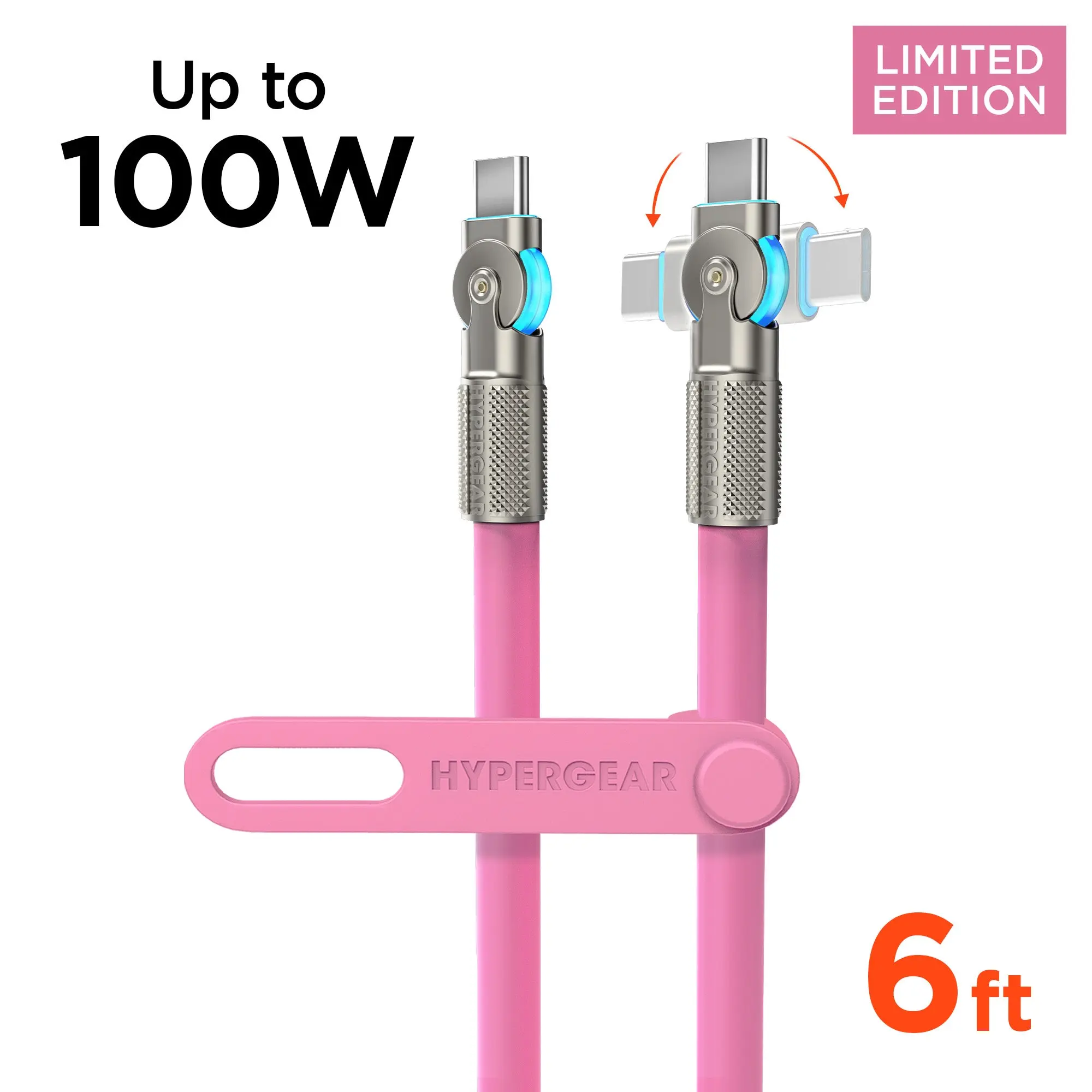 100W USB-C to USB-C Thick Rugged Zinc Alloy Mobile High Speed Charger Cable for Cellphone - Rotates 180°, 6 ft Extended Length, Pink, Charging