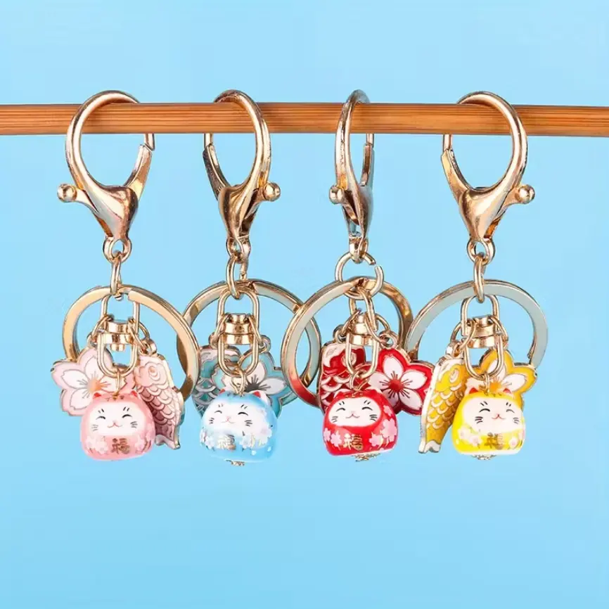 Cherry Blossom Ceramic Lucky Fortune Cat Charm, DIY Handmade Accessories Keychain, Cute Versatile Ornament
