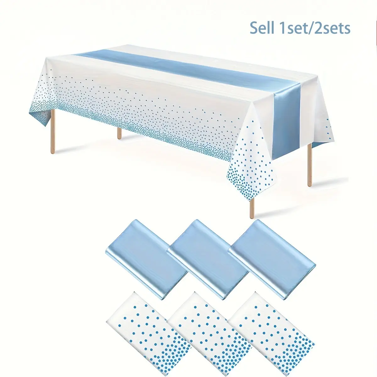 1Set/2sets of White Tablecloths with Blue Polka Dots and Blue Satin Table Runners, Disposable Plastic Tablecloths Essential for Weddings, Birthdays, Graduations, and Outdoor Party Decorations, Rectangular, party supplies, Event supplies