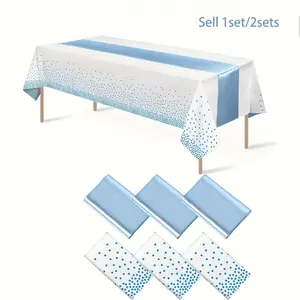 1Set/2sets of White Tablecloths with Blue Polka Dots and Blue Satin Table Runners, Elegant Disposable Plastic Tablecloths Essential for Weddings, Birthdays, Graduations, and Outdoor Party Decorations，Rectangular，party supplies