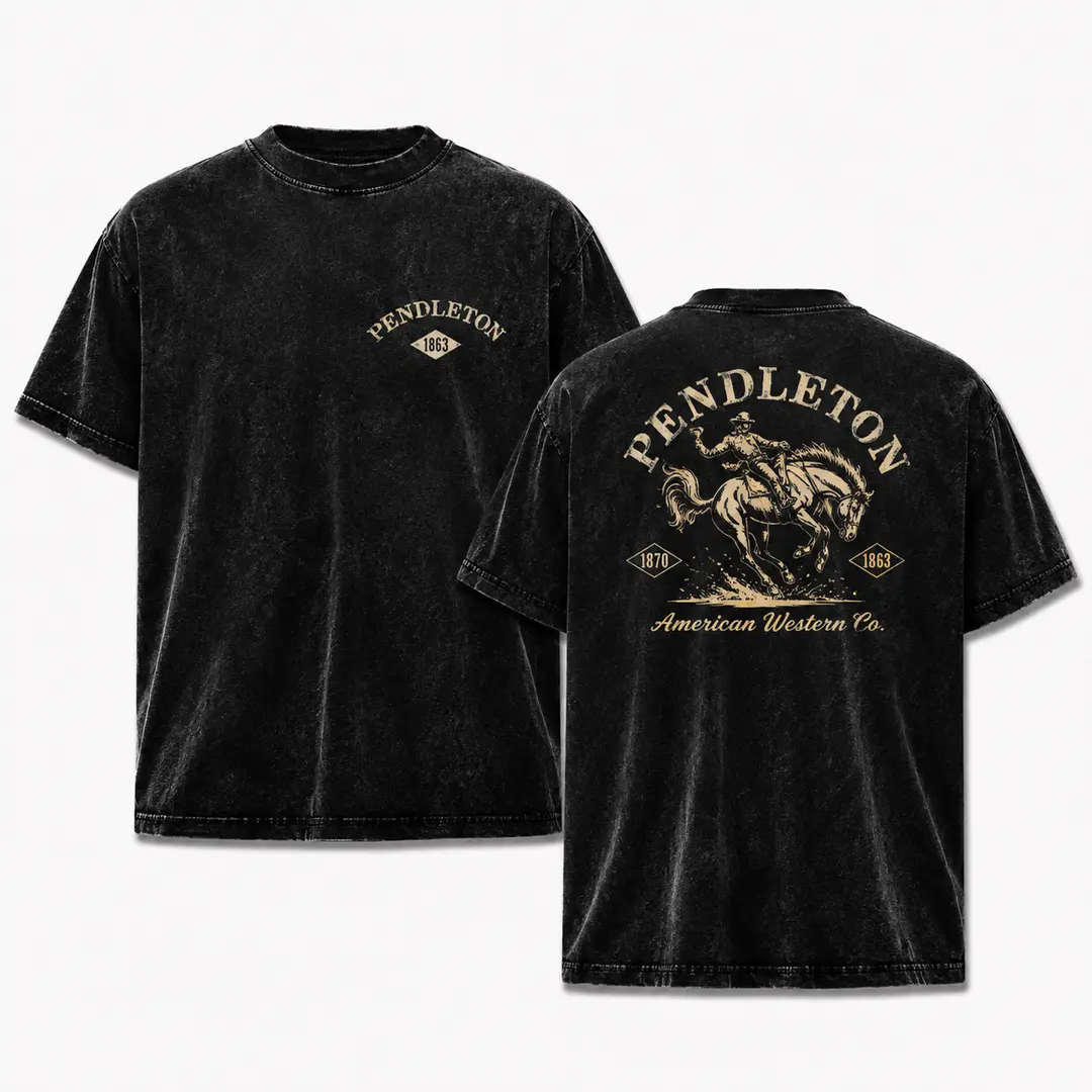 Bronc Rider Rodeo Vintage Wash T-Shirt, Classic Bucking Horse Cowboy Back Graphic in Tan on Black, Oversized Western Country Streetwear for Rodeo Fans