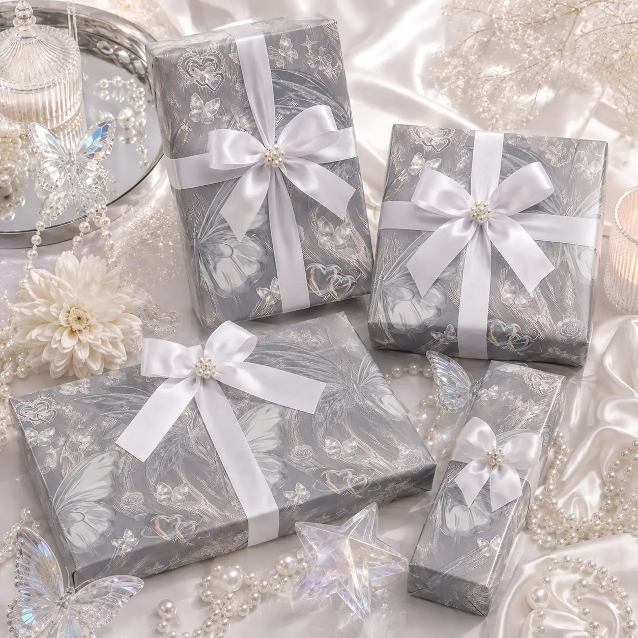 Silver Chrome Butterfly Heart Collage Gift Wrapping Paper Sheet - Y2K Glitch Aesthetic Wrap for Birthday Party Anniversary Valentines Day