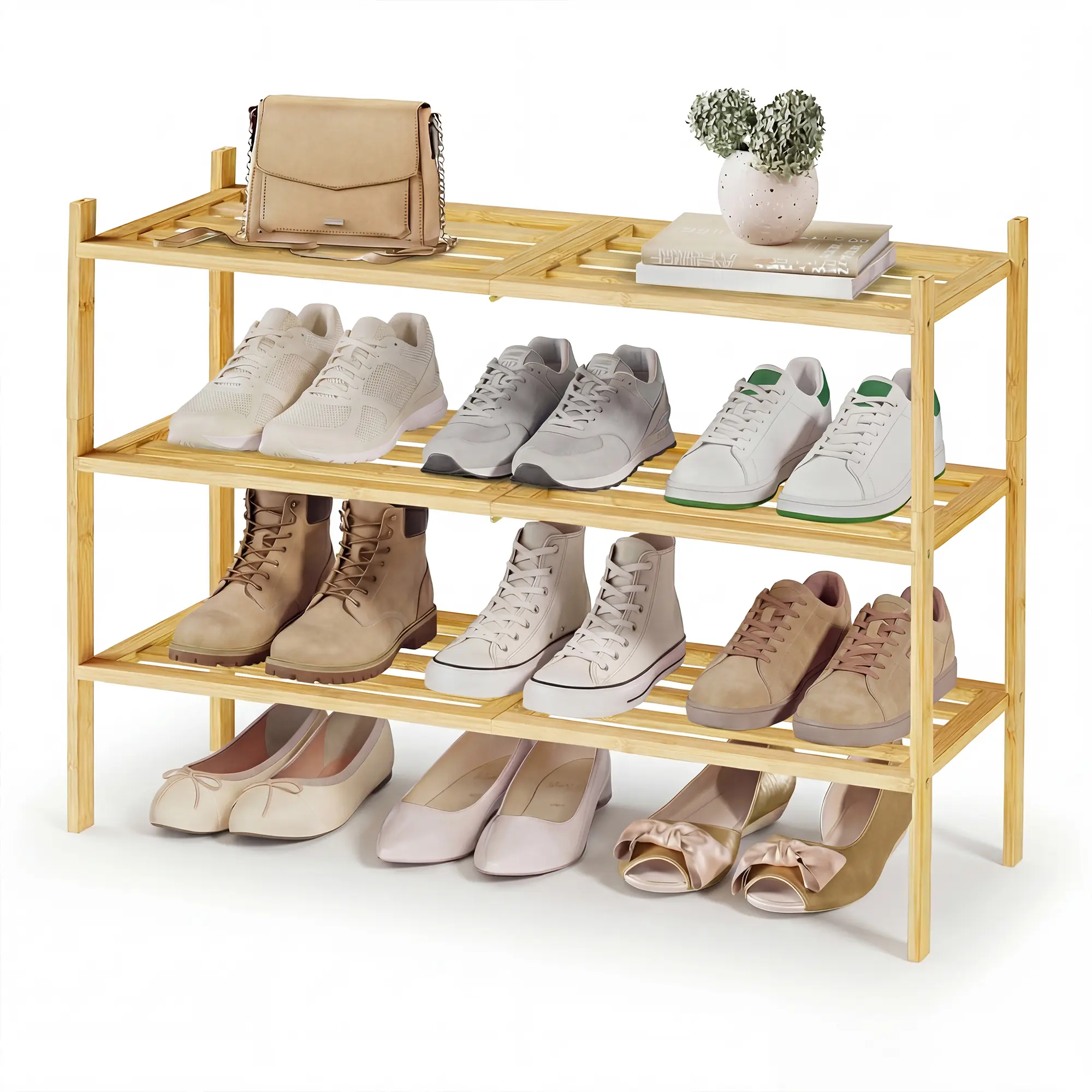 SONGMICS Bamboo Shoe Rack Organizer, Stackable Modular Closet Shelf, Space-Saving Free-Standing Storage for Entryway, Bedroom