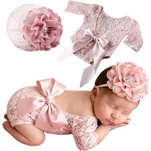 Newborn Photography Outfits Cute Baby Lace Ribbon Rompers with Headband for Infant Photography Props
