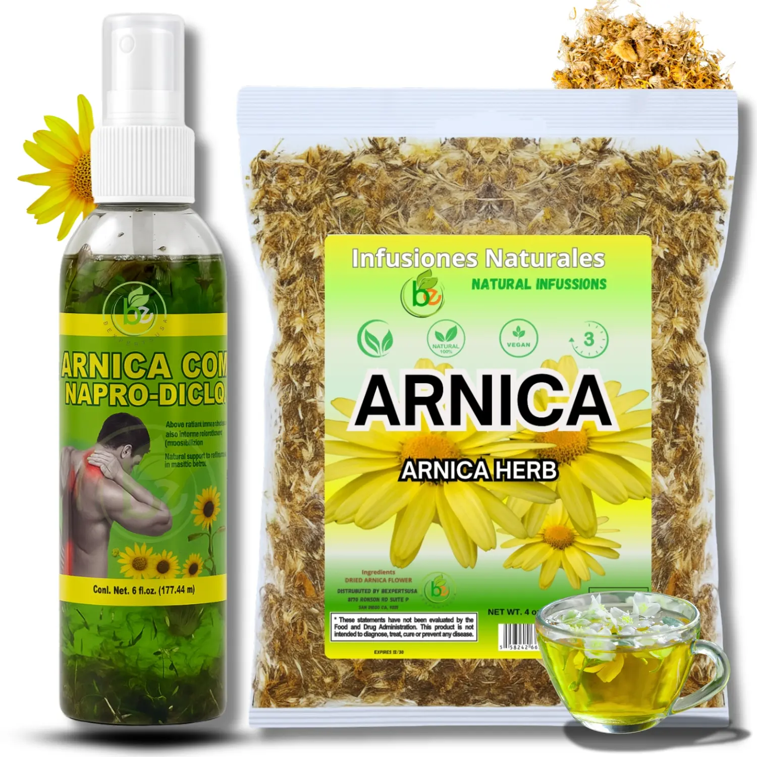 Arnica Sore Muscle Massage Oil (6 fl oz) + Arnica Flower Tea (4 oz) – Natural Herbal Bundle for Massage Therapy & Relaxation – Fast-Absorbing Body Oil + Caffeine-Free Floral Infusion – Daily Comfort Duo