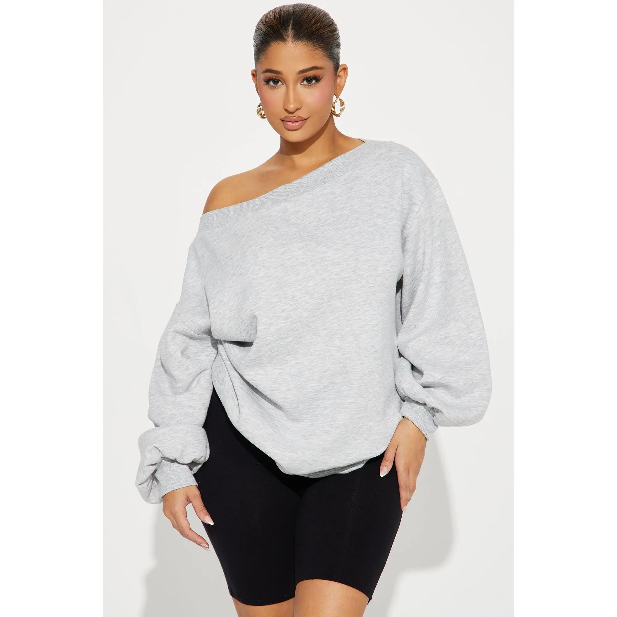 Vera Off Shoulder Oversized Sweatshirt - Heather Grey Vera Off Shoulder Oversized Sweatshirt - Heather Grey