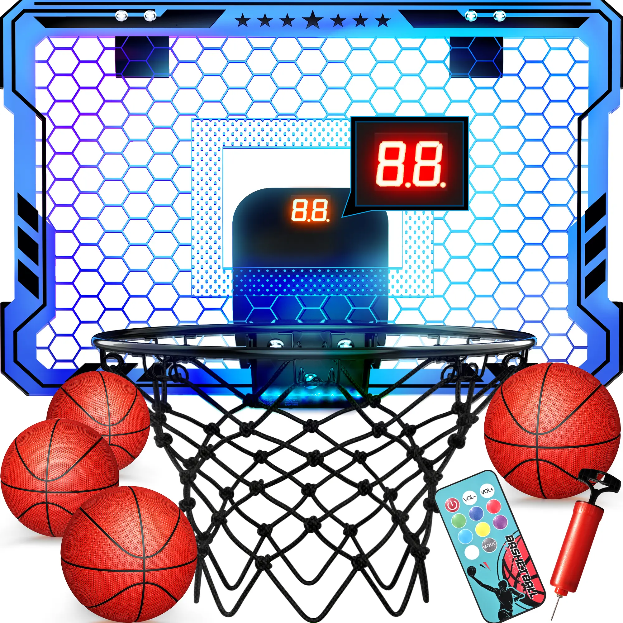 Blue Scoreboard & Led Basketball Hoop & Remote