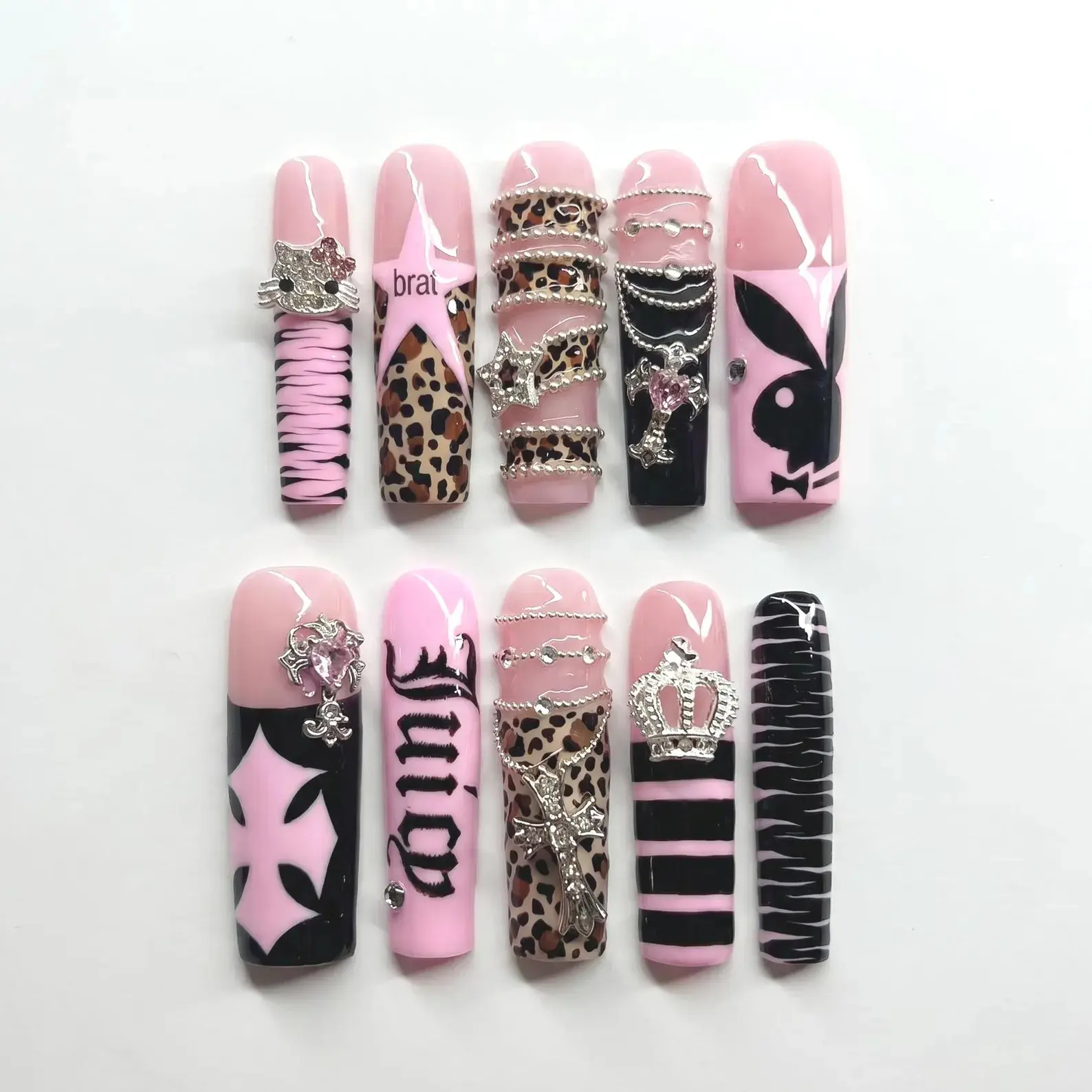 Pink Leopard Punk Press On Nails｜Black Bunny Crown Star Chain Design｜Zebra Print Rhinestone Charms｜Edgy Brat Y2K Long Square Nail Set