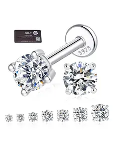 Single Stud Platinu - S925 Sterling Silver & Moissanite 4-Prong Flat-Back Piercing Earring, Flat Back Earrings, Hypoallergenic material, suitable for cartilage piercings, birthday or Christmas gift men and women, or addition to wedding accessory set