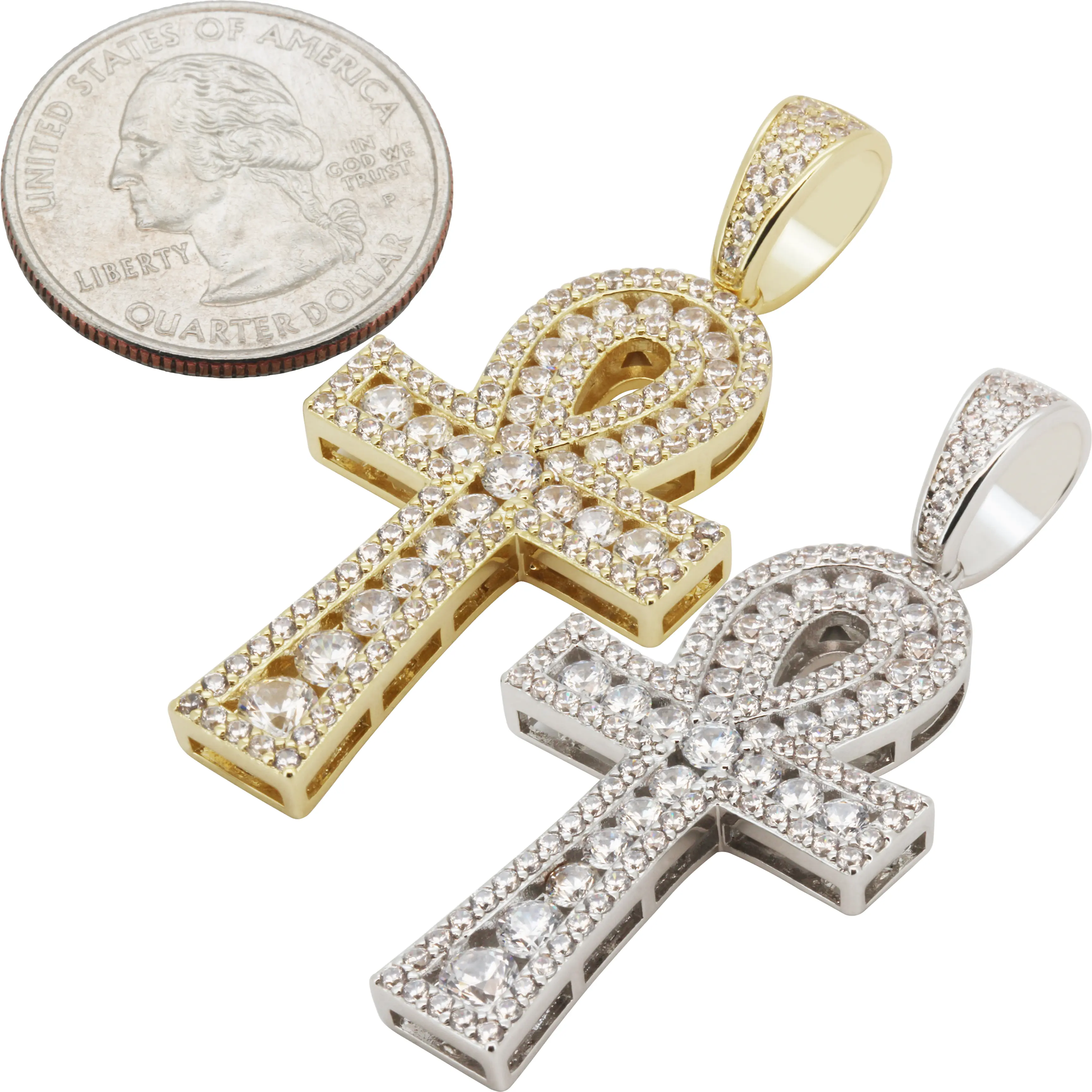 14k Yellow/White Gold Plated AAA Cubic Zirconia Cluster Ankh Cross Pendant