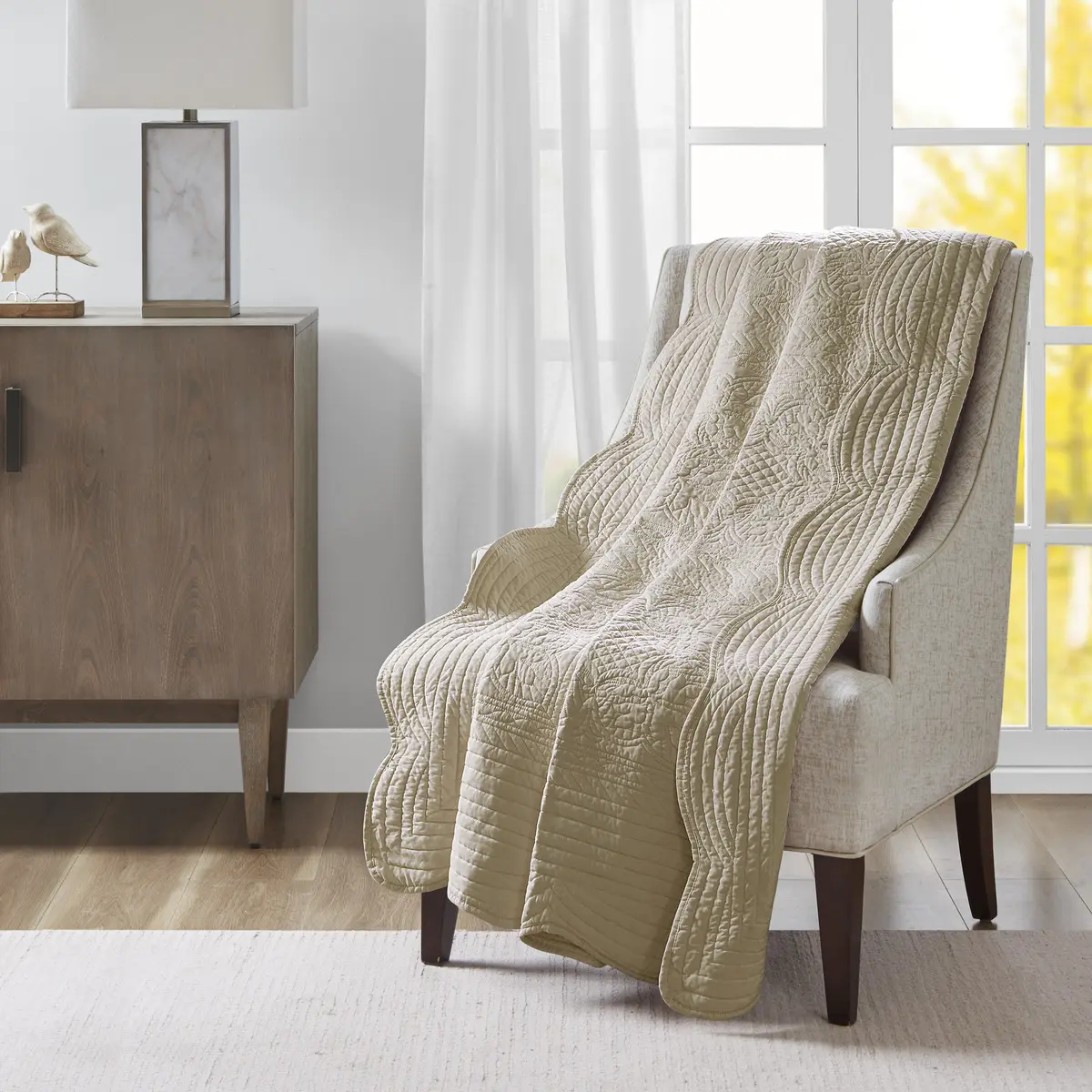 Quilted Throw Blanket with Scalloped Trim, Khaki, 60x72 Inches – Soft Lightweight Oversized Layer for Couch, Bed, or Living Room