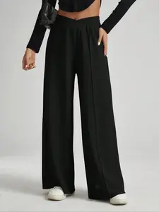 Women's Solid High Waist Wide Leg Casual Street Sweatpants, Casual Comfy Elastic Waist Trousers for Daily Wear, Ladies Bottoms for All Seasons