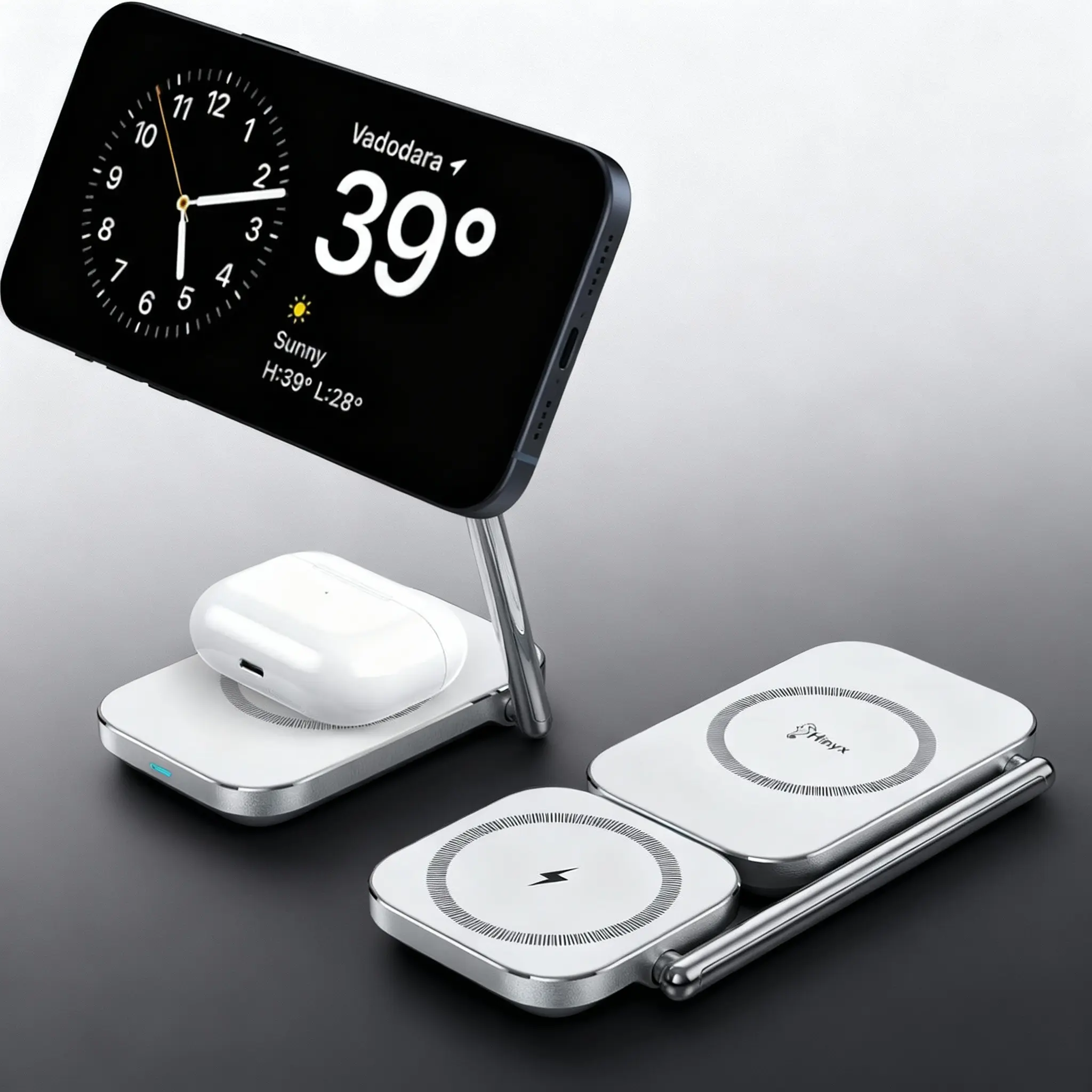 2-in-1 MagSafe Charger Stand, Foldable Zinc Alloy Magnetic Wireless Charger, 15W Portable Fast Wireless Charging Station Compatible with iPhone 15/14/13/12 Series and AirPods 3/Pro/2