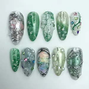 S141 Forest Dew Press-On Nails, 3D Pearl Drops & Metallic Art, Gem Accents, Mossy Green Gradient, Custom Handmade, Solana Nails Town
