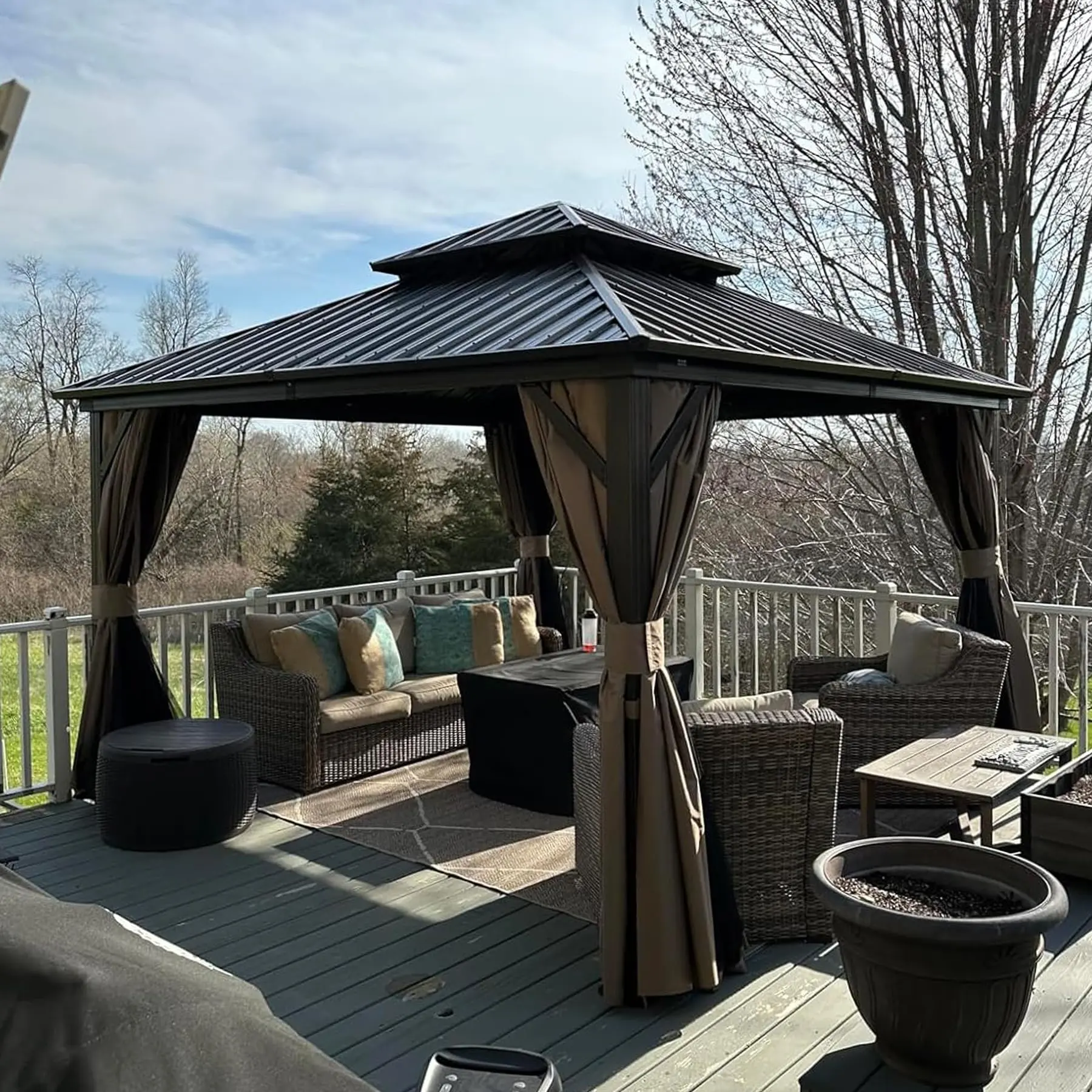 Domi 10’ X 12’ Hardtop Gazebo Canopy with Netting & Curtains, Outdoor Aluminum Gazebo with Galvanized Steel Double Roof for Patio Lawn and Garden