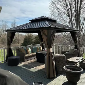 Domi 10’ X 12’ Hardtop Gazebo Canopy with Netting & Curtains, Outdoor Aluminum Gazebo with Galvanized Steel Double Roof for Patio Lawn and Garden