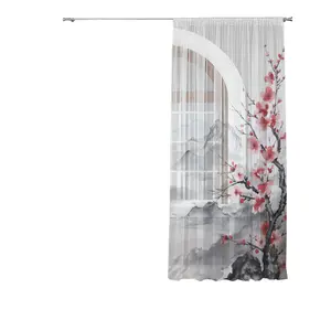 1pc Plum Pattern Curtain, Ink Wash Style Sheer Curtains,Suitable for all four seasons Breathable Polyester Fabric, Living Room and Bedroom Decor Rod Bag
