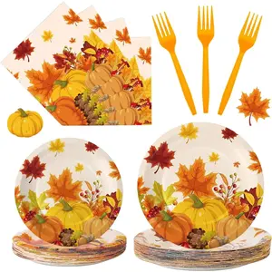 100 Pcs Thanksgiving Plates and Napkins Sets - Fall Pumpkin Maple Leaf Round Tableware, Disposable Thanksgiving Paper Plates and Napkins Forks for Thanks giving Party Supplies Table Decor, Serves 25
