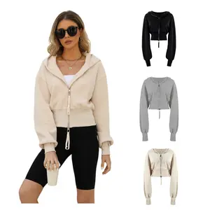 Cropped Hoodie Women Zip Up Long Sleeve Sweatshirts Casual Fashion Hooded Workout Jacket Crop Top
