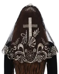 Bozidol Cross Religious Lace Veil- Catholic Embroidered Cross and Shell Creative Design Religious Ladies Prayer Lace D Shape Veil