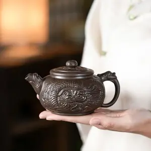Relief Carved Qishao Tea Pot – Auspicious Dragon & Phoenix “Singing” Original Clay