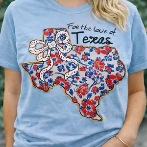 For The Love of Texas T-Shirt Comfort Color Light Blue with Floral Bow Design Womenswear Top Tshirt Streetwear Summer Casual Shortsleeve Crewneck