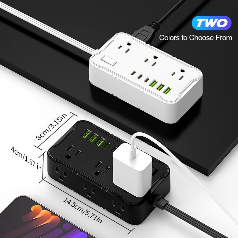 6.5FT/10FT/15FT extension line power board, 1pc 12-in-1 power board/power socket/power strip, 6 AC sockets, maximum power of 1250.W, 10A, 3 USB 3Type-C, suitable for home, office, travel and computer.