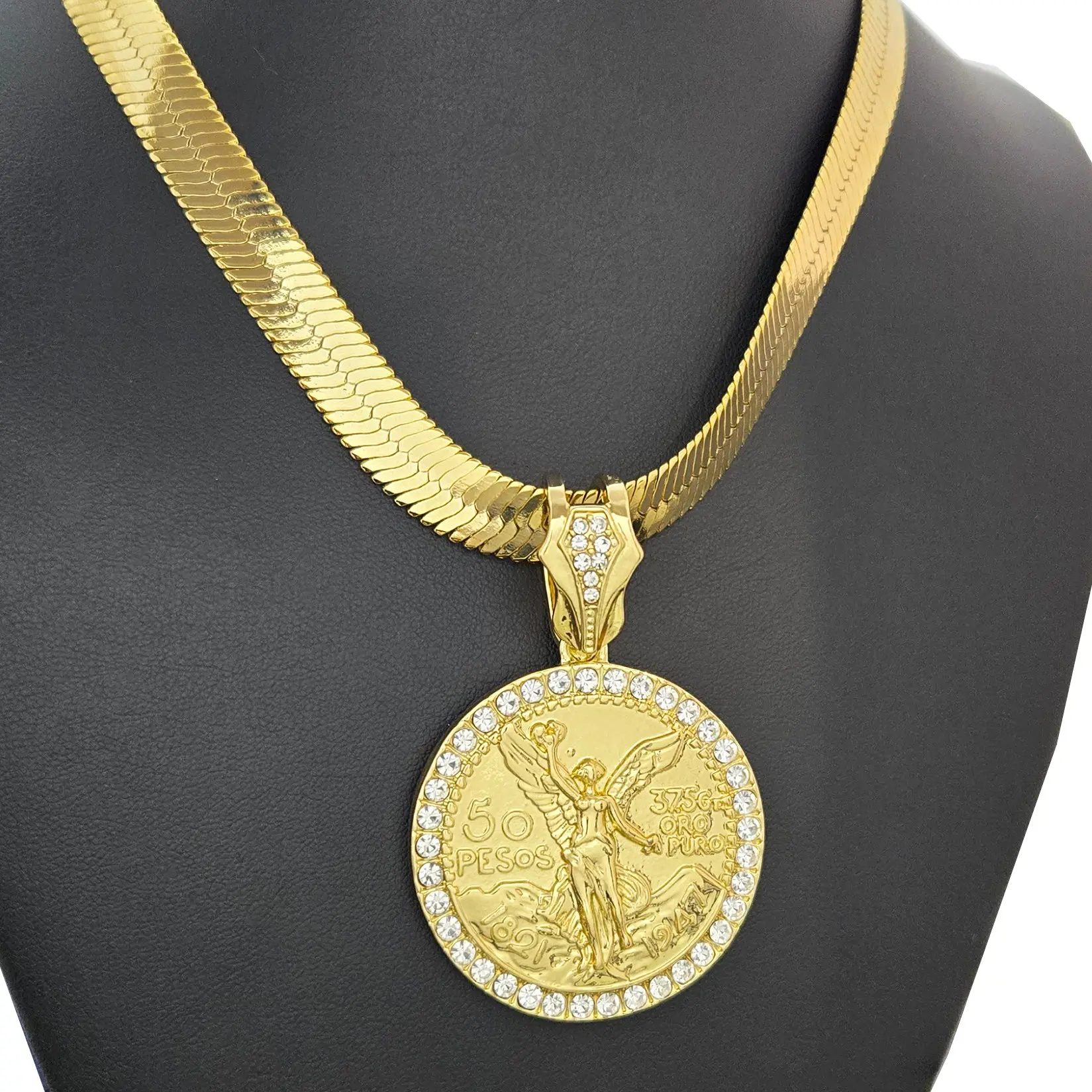 MaxBling81 50 Pesos Centenario Mexican Coin CZ Pendant Necklace, 14K Stamped 10mm 20" Herringbone Chain, Unisex Casual Costume Jewelry Accessory