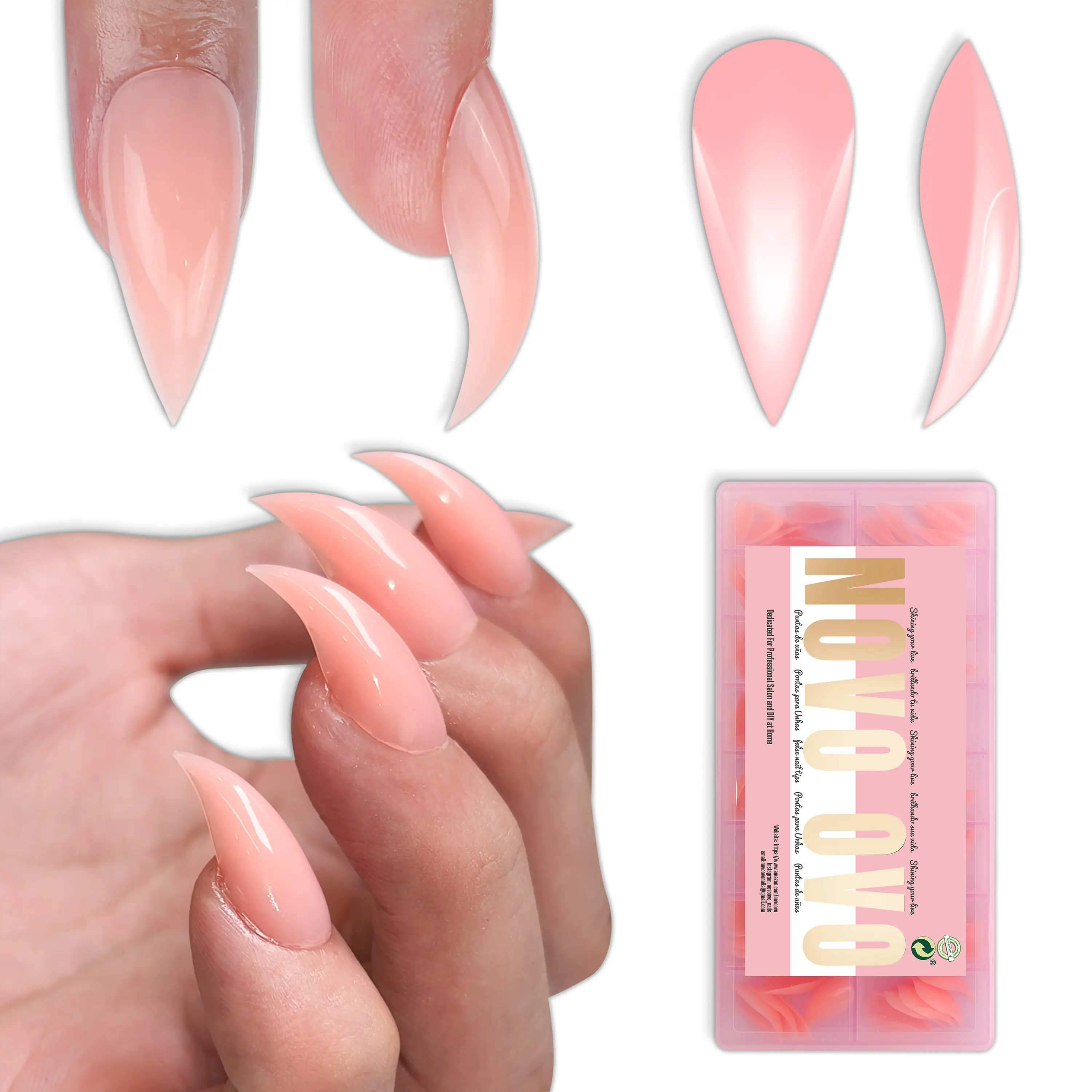 NOVO OVO 3D Cat Claw Nail Tips Baby Pink, 128Pcs Short Curved Stiletto Press on Nails with Built-in APEX, PMMA Full Cover Clear Eagle False Nails for Halloween Cosplay & Salon Extension, 16 Sizes【Does not include builder gel, top coat, glue, or UV lamp】