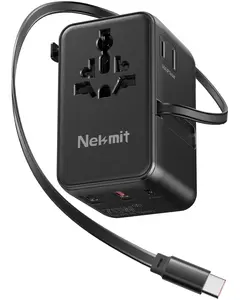 70W Universal Travel Adapter, Nekmit International Power Adapter with Retractable USB C Fast Charger Cable, 6-Port Travel Plug with 2 AC, 2 USB-A and 2 USB-C Ports Compatible with Over 200 Countries