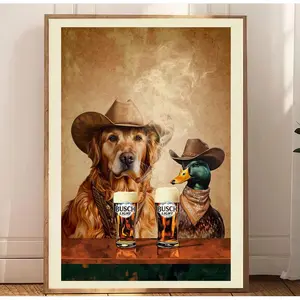 Dogs Cowboy light one up and Drink Beer Print, Dogs Neutral Aesthetic Vintage Art, Funky Western Art Wall Art, Unique Gift for Men Dad less