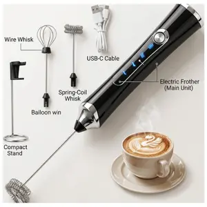 Milk Frother Handheld Rechargeable with Stand Frother Wand Foam Maker 3 Speed Adjustable Hand Mixer with Detachable Stainless 2 Whisks Electric Coffee Frother Stirrer For Latte, Cappuccino, Egg