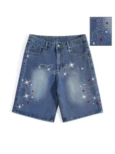 TikTok Viral Early 2000s Aesthetic Bling Denim Jorts, Loose Straight Leg Rhinestone Studded Jean Shorts with Graffiti Script & Gem Accents, Casual Streetwear Summer Statement Shorts for Men/Women