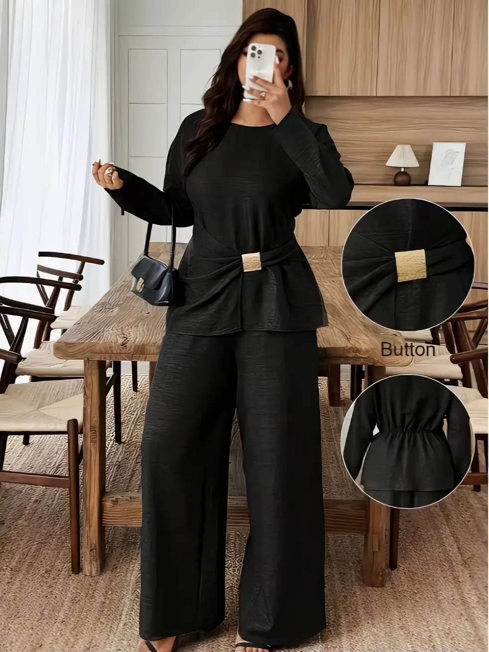 Women's fitted waist pleated top and wide-leg pants set