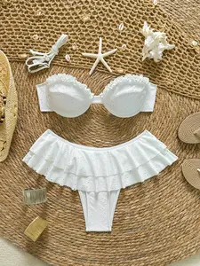 White Bandeau Removable Strap Bikini Set Sexy Mesh Ruffle Skirted Two Piece Swimsuit for Women Summer Pool Party Fashion