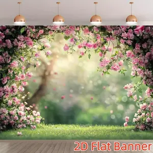 1PC,2D Flat Customize Backdrop Romantic Spring Pink Flower Arch Backdrop, Festival Party Decorative Cloth, Wedding Birthday Photography Scene Layout Backdrop, Garden Grass Dreamy Atmosphere Decorative
