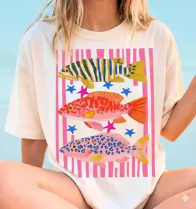 Colorful Maximal Tropical Fish Trio T-shirt Colorful Tropical Fish Shirt, Summer Beach T-Shirt, Retro Hand Drawn Fish Graphic Tee, Pink Stripe Fish T-Shirt, Girly Summer Beach Tee, Ocean Lover T-Shirt, Vintage Fish Print Casual Tee