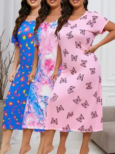 [Color Block Dress Set] 3pcs Plus Size Women's Short Sleeve Dress Set |women's dreess Color Block Design, Slight Stretch, Spring/Summer/Fall Nightgown, Maternity Sleepwear-lingerie set-lounge set for women-cute autumn outfits-women's cloeths