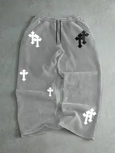 Men's Drawstring Waist Straight Leg Pants, Cross Print Design, Comfortable Casual Wear, Suitable for Autumn & Winter