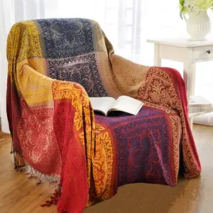 Bohemian Throw Blankets Chenille Jacquard Tassels Soft Chair Cover for Bed Couch Decorative Sofa Throw Blankets - Colorful Tribal  (Red, 60x75 Inches)