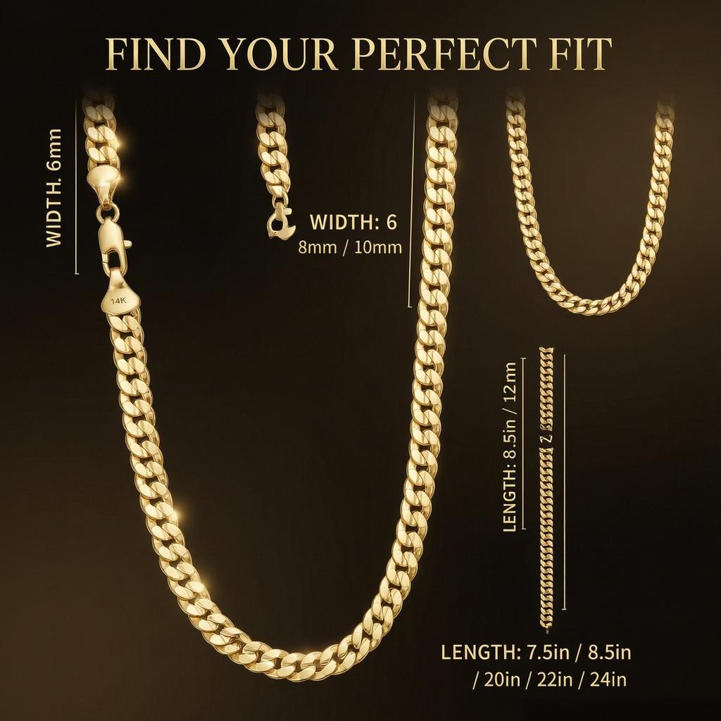 Cuban Link Necklace, Solid Gold Beveled Cuban Link Necklace, 7.5–24 inches (6–10 mm), Unisex