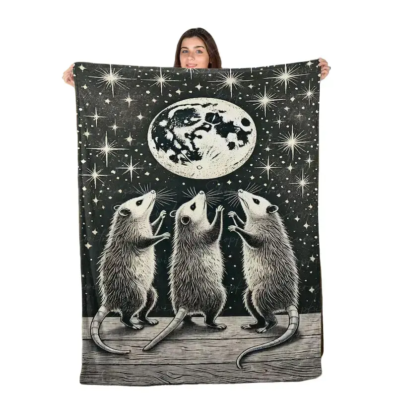 Opossum Howling at Moon Fleece Blanket - Funny Trash Animal Gift, Vintage Starry Sky Flannel Throw, Black White Woodcut 3 Woodland Creatures Full Moon Graphic, Soft Lightweight All-Season Sofa Bed Decor