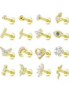 16pcs 16g Hypoallergenic Surgical Steel Tragus Earrings, Internally Threaded Flat Back Medusa Labret, Conch Cartilage Jewelry for Women, Piercing Jewelry